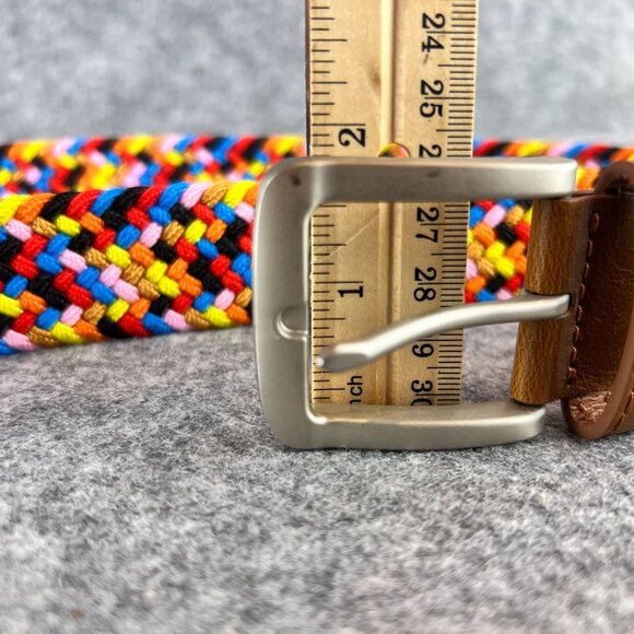 Woven Rainbow Multicolor Elastic Braided Belt Silver Buckle Brown Leather Trim - Picture 4 of 13